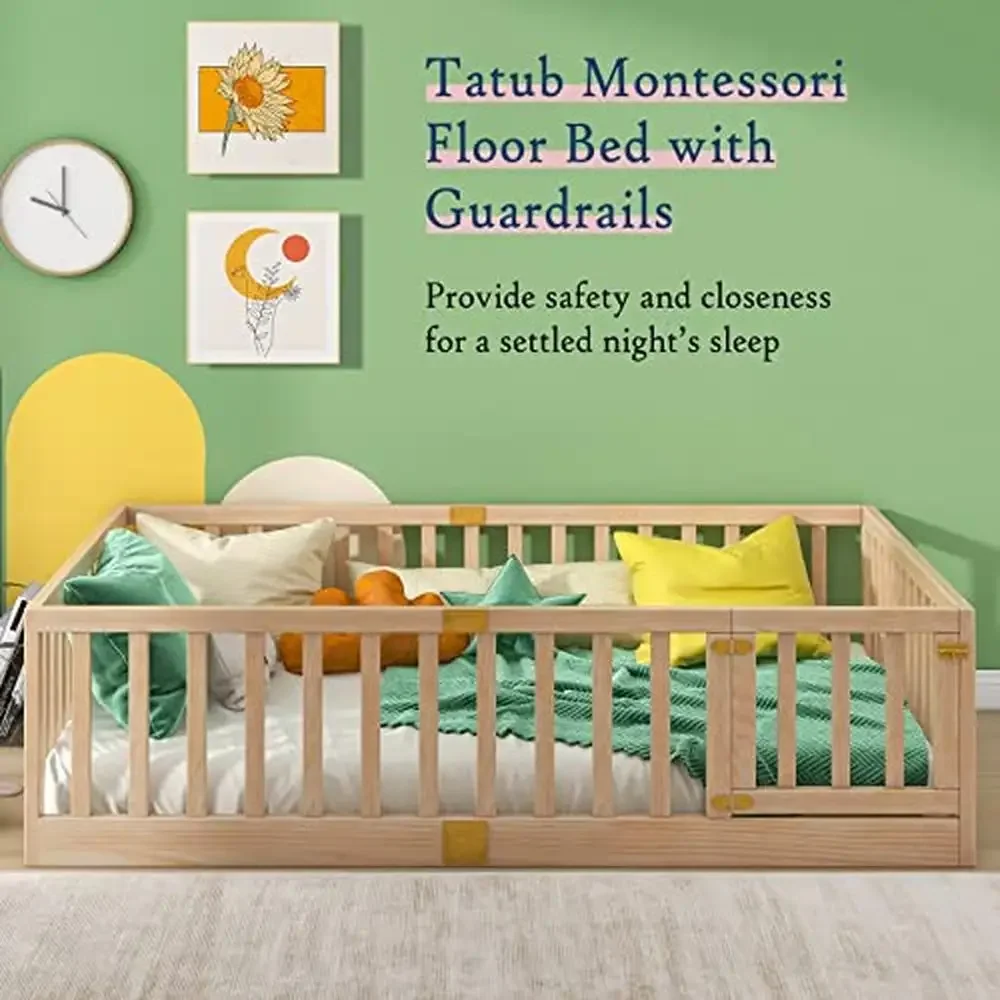 Montessori Full Floor Bed with Safety Guardrails Left/Right Install Door Kids Wood Frame Independent Sleep Space Bedtime Story 2
