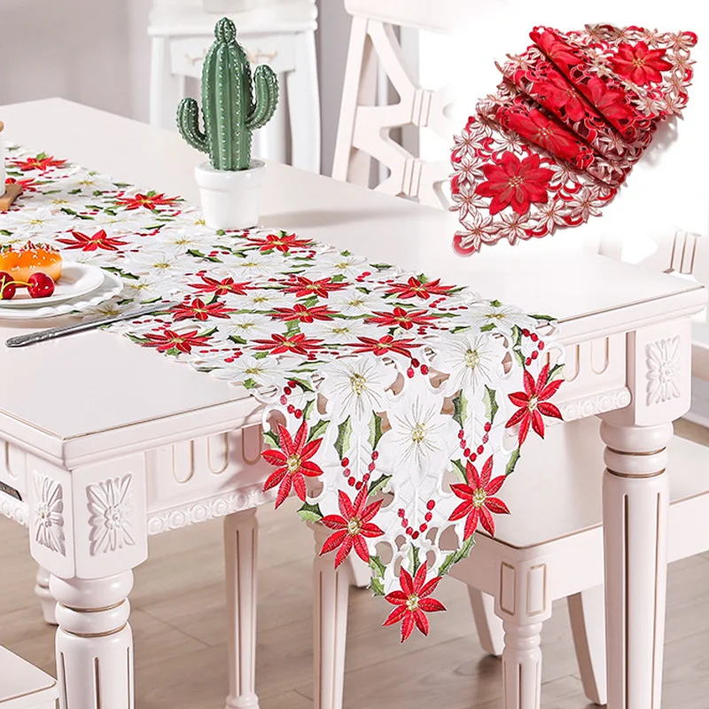 

Embroidery Table Runner Cutwork Satin Christmas Navidad Table Runners Tablecloth For Kitchen Wedding Party New Year Home Decor