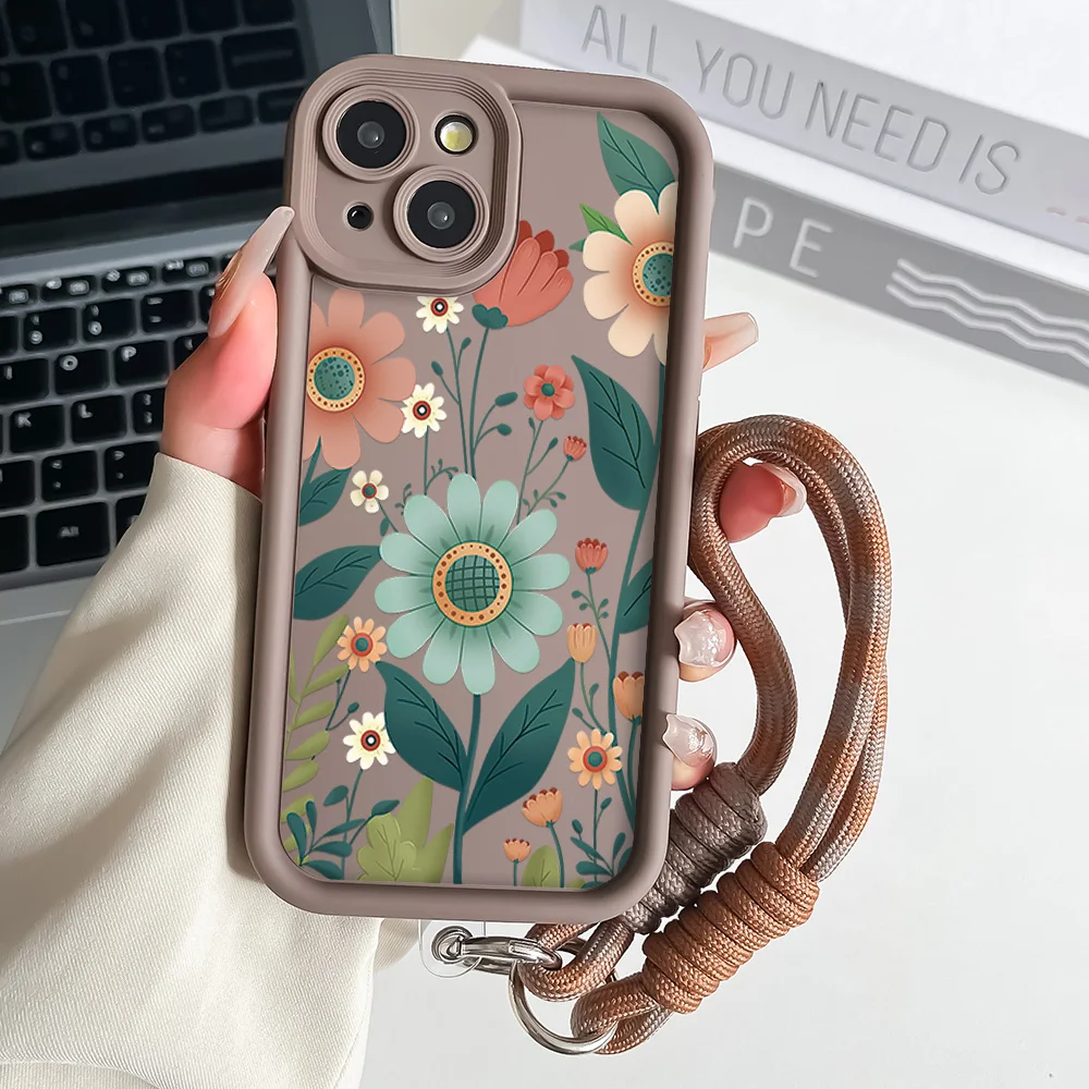 Floral Wrist Chain Lanyard Phone Case with Soft TPU Cover
