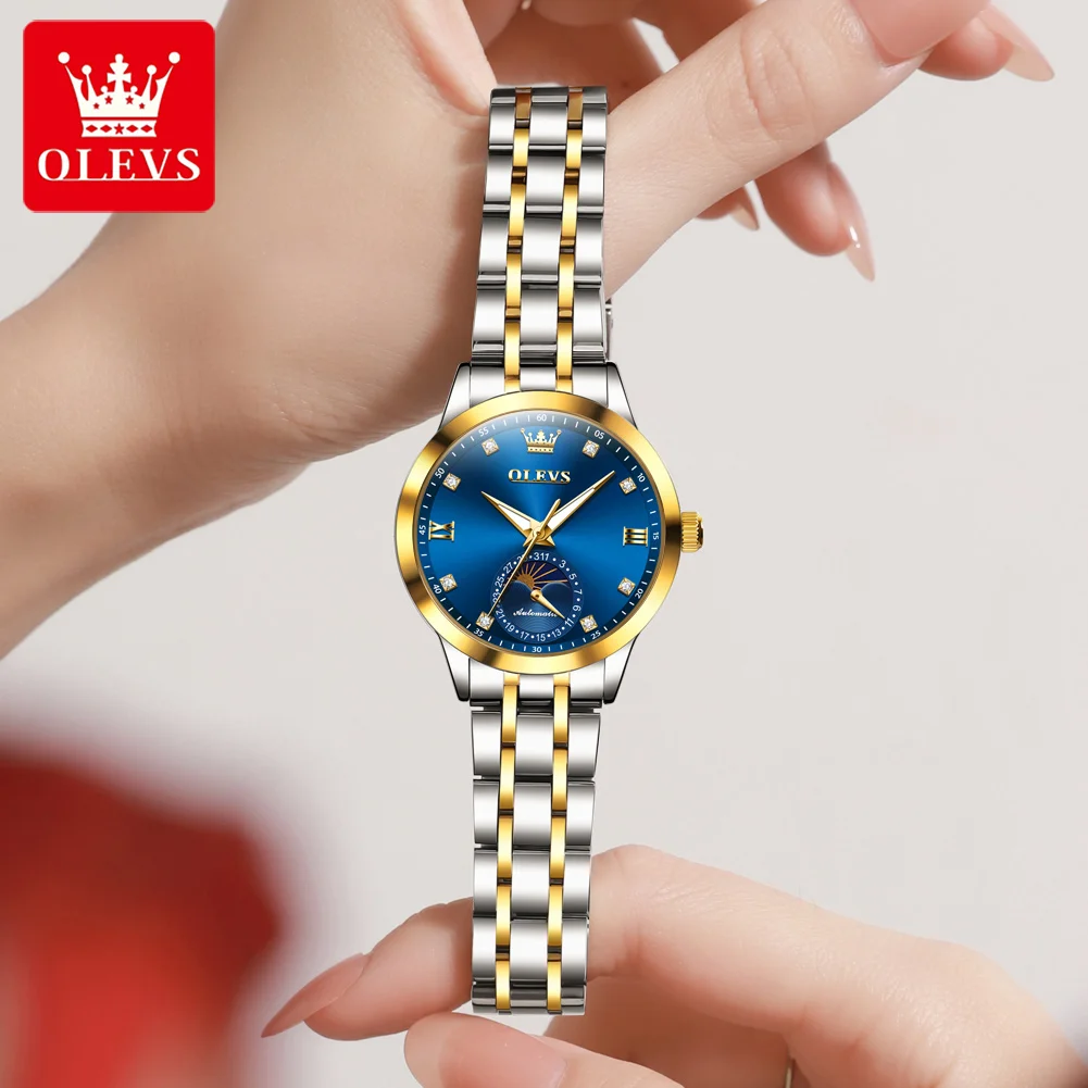 OLEVS 7041 Women's Watch Fashion Moon Phase Mechanical Watch For Women Original Calendar Waterproof Diamond Scale Wristwatch