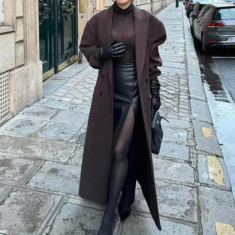 Elegant Lapel Pocket Woolen Long Trench Coat Women Fashion Full Sleeve Loose Overcoat Autumn Winter Lady Commute Outwear