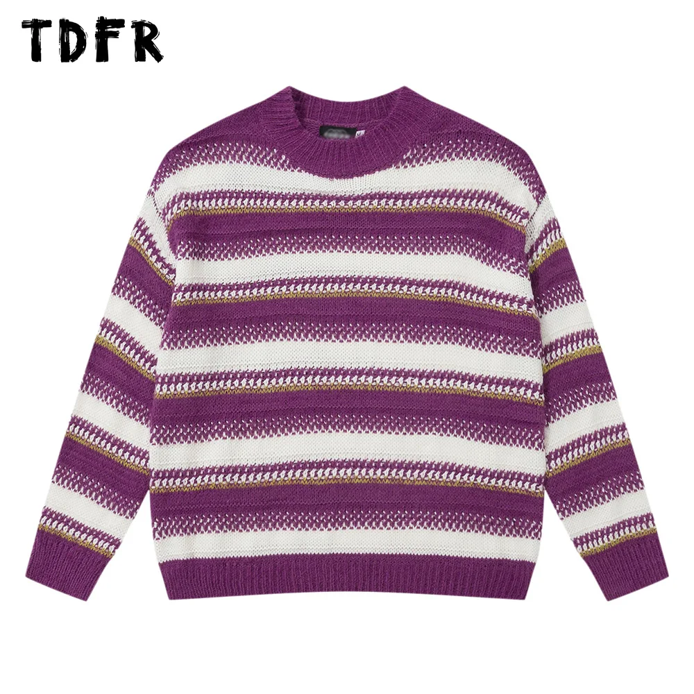 

Horizontal Stripes Knitted Sweater Mens Crew Neck Autumn Winter Casual Loose Long Sleeve Pullover Men Tos