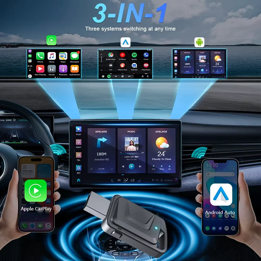 Dongle CarPlay wireless 2in1 Adattatore automatico Android wireless AI Smart Box Sistemi intelligenti per auto per auto con CarPlay cablato - Image 3