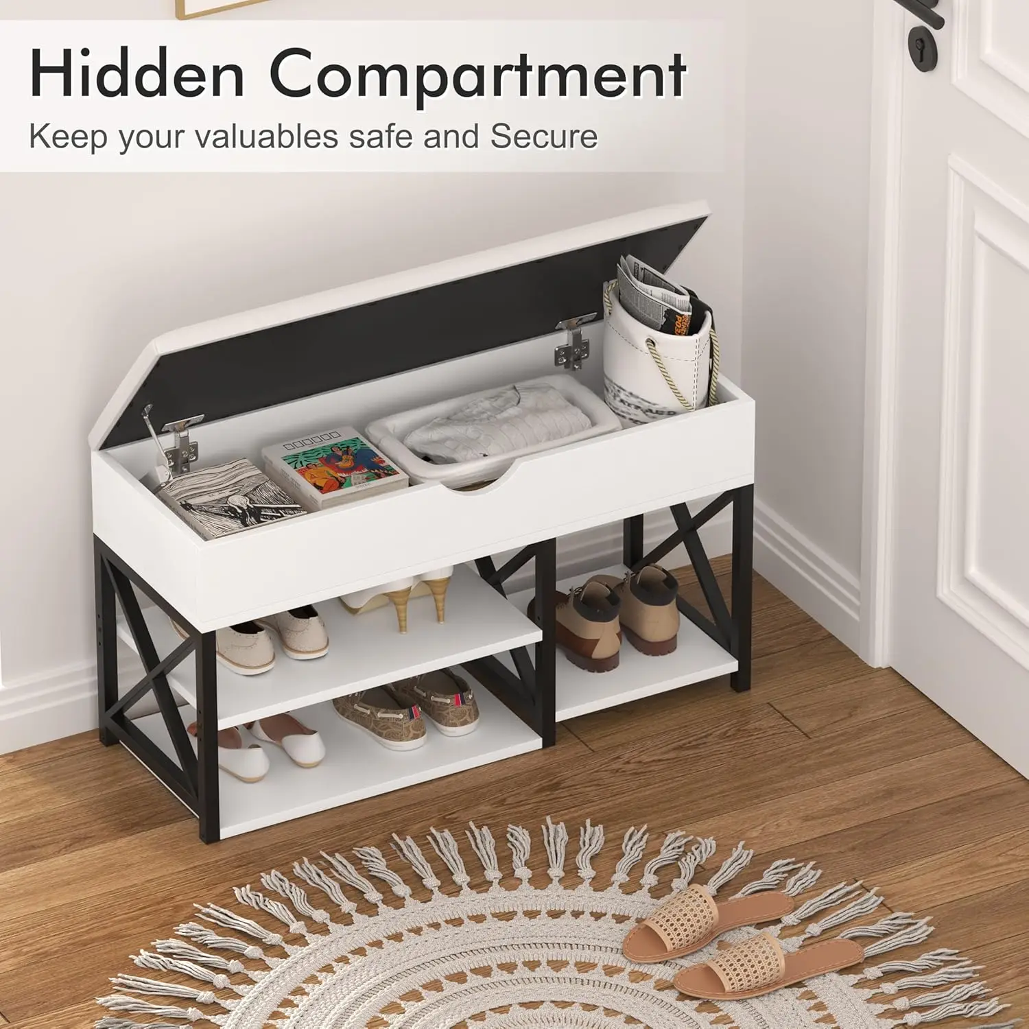 3-Tier Shoe Bench, Entryway Shoe Rack with Storage Organizer and Padded Seat for Hallway, Living Room, White