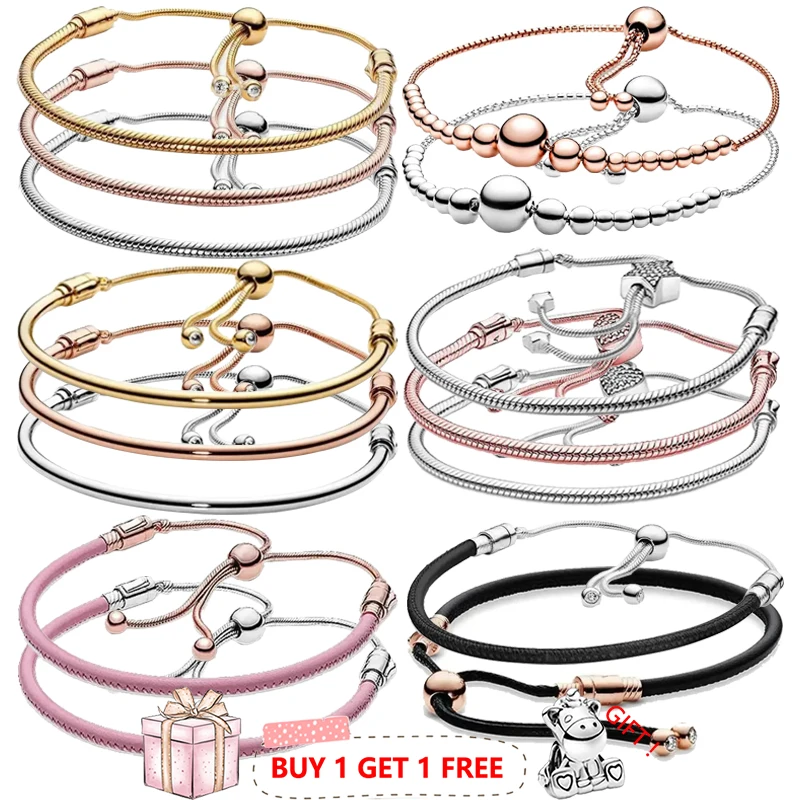 

New Hot Selling S925 Sterling Silver Stretchable Leather Rope Woven Original Women's Logo Sliding Bracelet Fashion DIY Jewelry