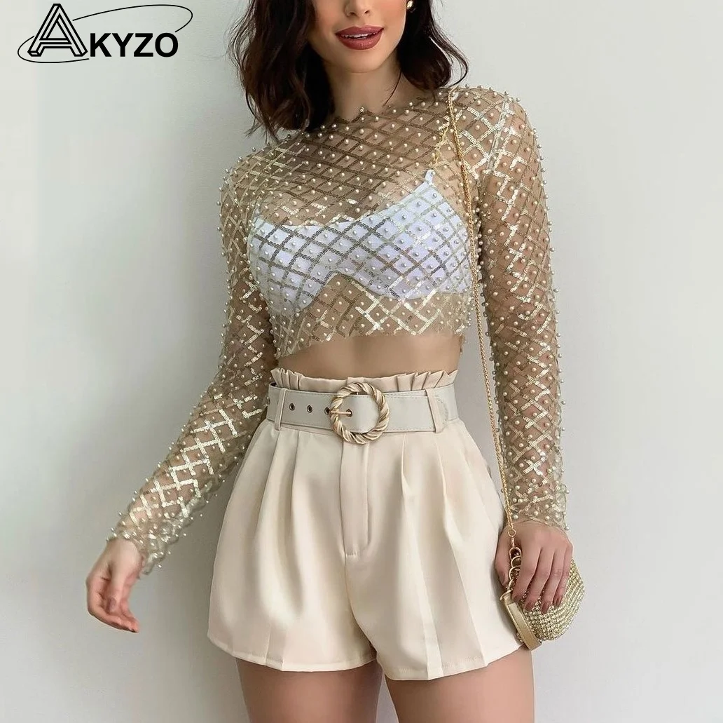 

Pearl Top Women Mesh Top 2023 Spring Ladies Long Sleeve Transparent Sexy Top Beach Bikini Cover Up Clubwear