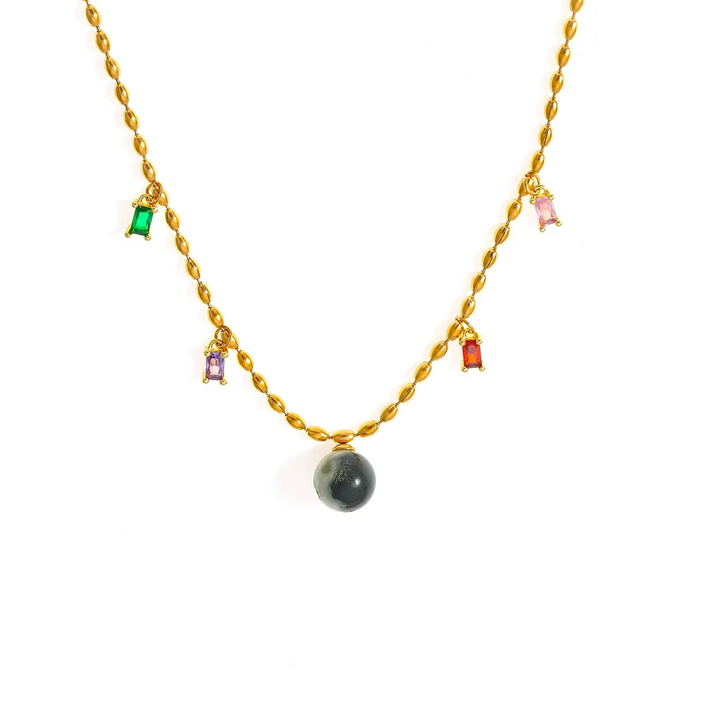 Natürliche Stein-Halskette mit rundem Anhänger für Damen, Edelstahl-Perlenkette mit buntem Zirkon, Vintage-Halskette, Schmuckgeschenk