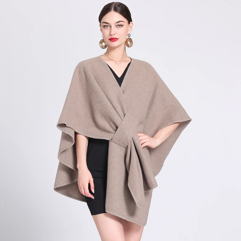 Wool Poncho Wrap Coat Fashion Side Strap Soft Wool Blends Poncho