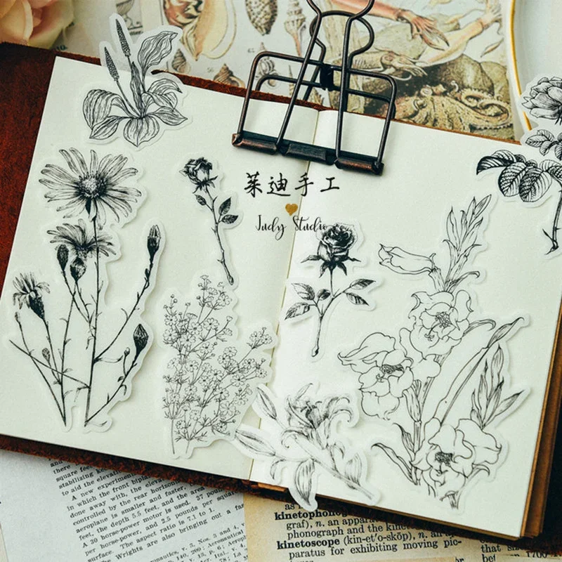 Drawing Plant Junk Journal Ephemera Vintage Sticker Flower Album Aesthetic Sticker Scrapbooking Material 58 Pcs