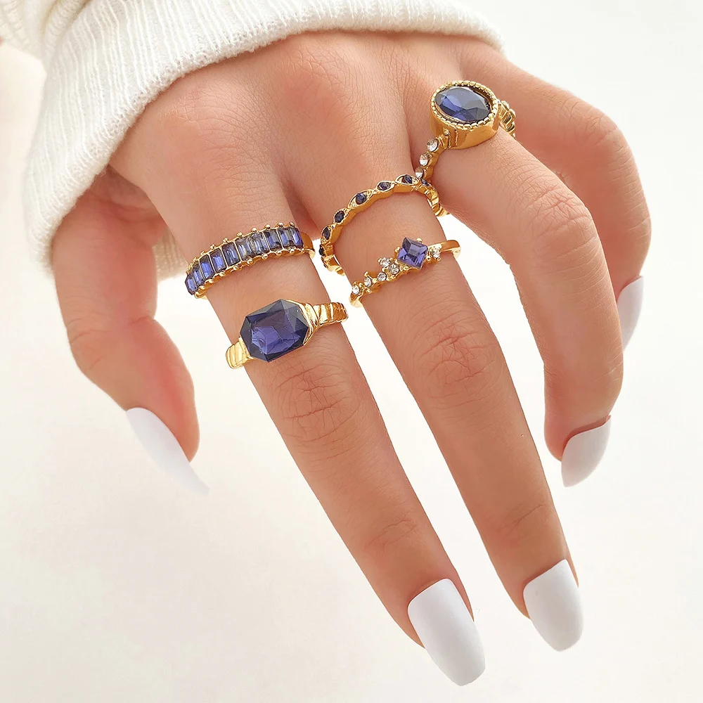 IFMIA Bohemian Blue Crystal Rings Set For Women Gold Plated Vintage Geometric Anillos finger rings crystal rings bohemian rings