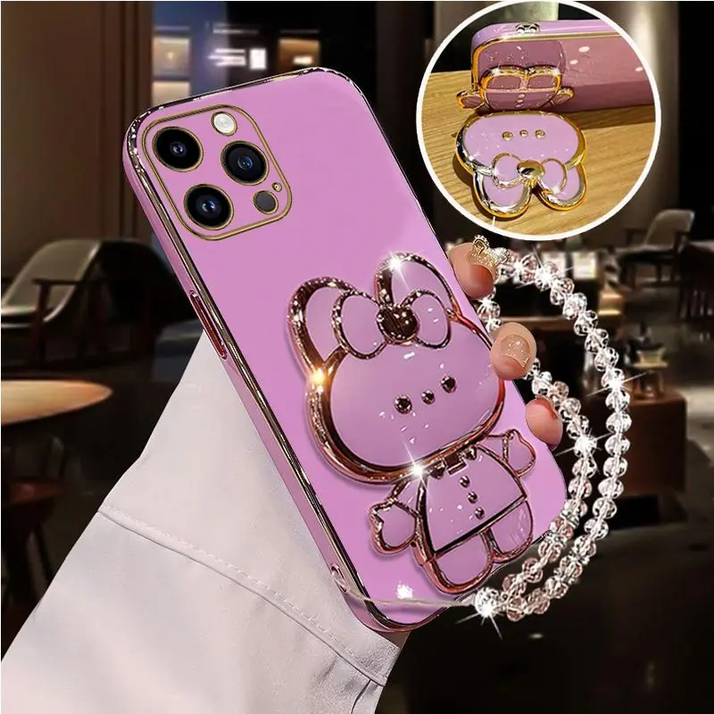 Support de téléphone lapin miroir avec sangle en diamant, étui pour iPhone Xs Pro Max Mini X XR Apple 6 6s 7 8 Plus