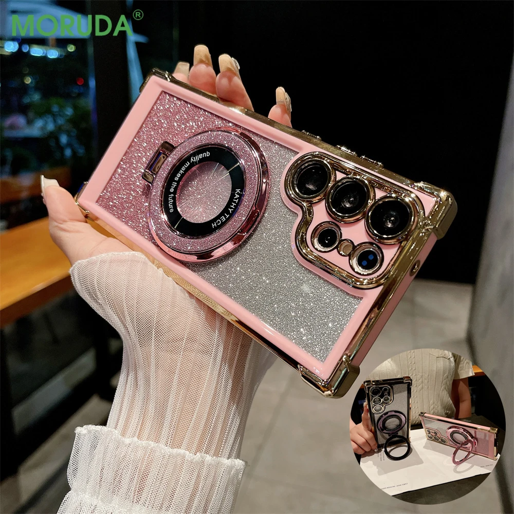 Luxury Magnetic Folding Bracket Shiny Case with Ring Holder Stand and Gradient Shockproof Design