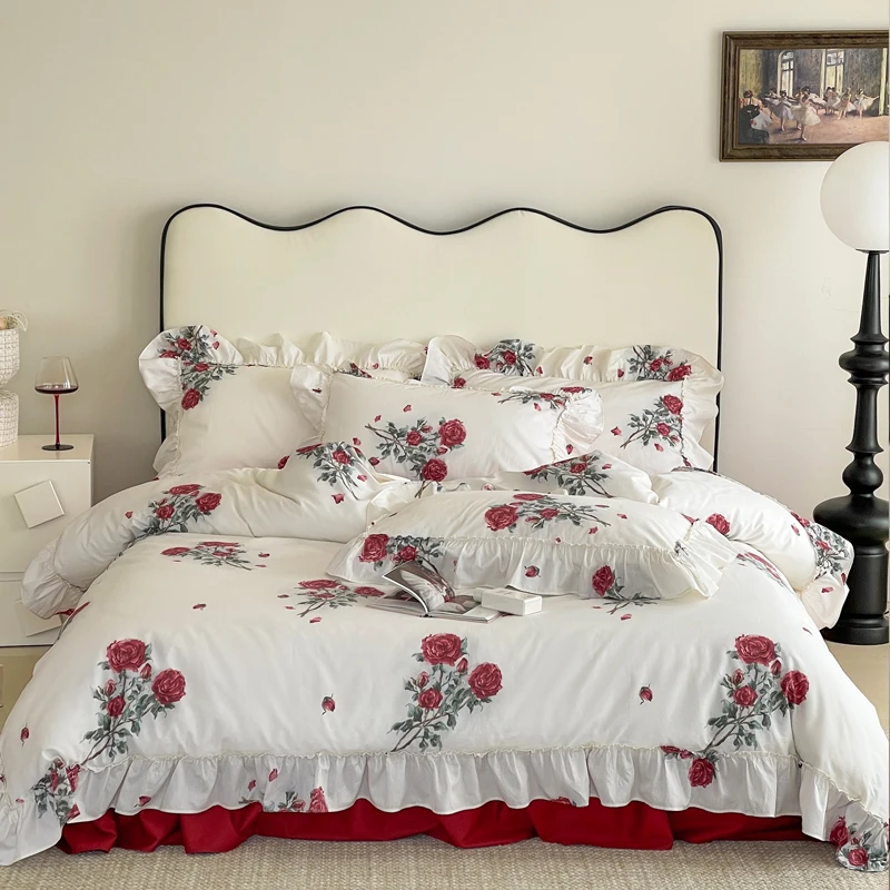 

French Style Vintage Rose Flowers Bedding Set, 100% Cotton, Lace Ruffles, Duvet Cover Set, Red Bed Skirt, Bedspread, Pillowcases