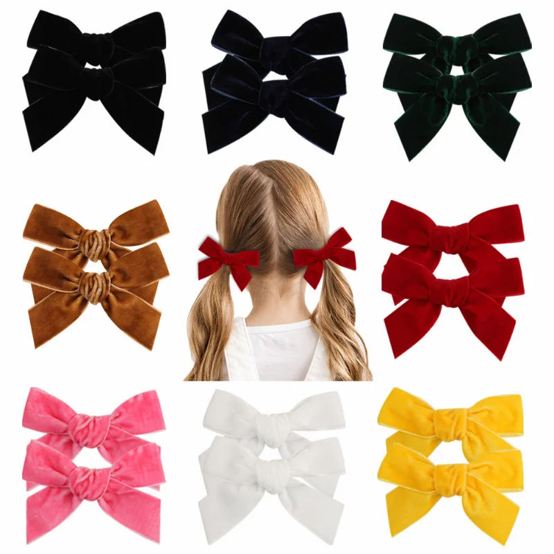 4inch 2Pcs Velvet Bows Hair Clips For Baby Girls Solid Knot Hairpins Barrettes Handmade Hairgrip Kids Hair Accessories Headwear