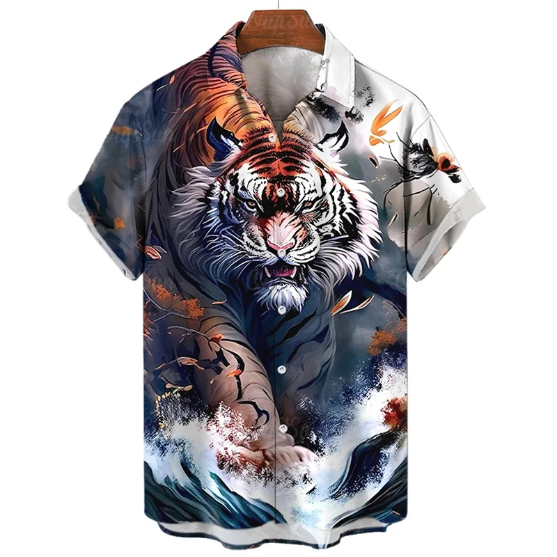 thumbnail image 1 of Camisa hawaiana con estampado de tigre en 3D para hombre, camisa informal de manga corta con estampado de bestia feroz, blusa holgada de calle, 1 of 4