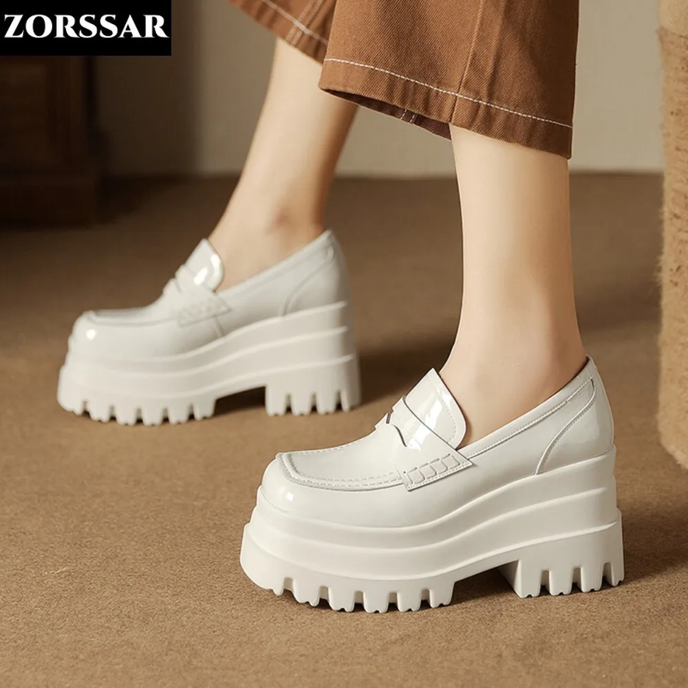 

White Heels Lolita Shoes Chunky Platform Shoes Loafers Heel Patent Leather Slip on Casual Shoe Lady Office Shoes Black Heels