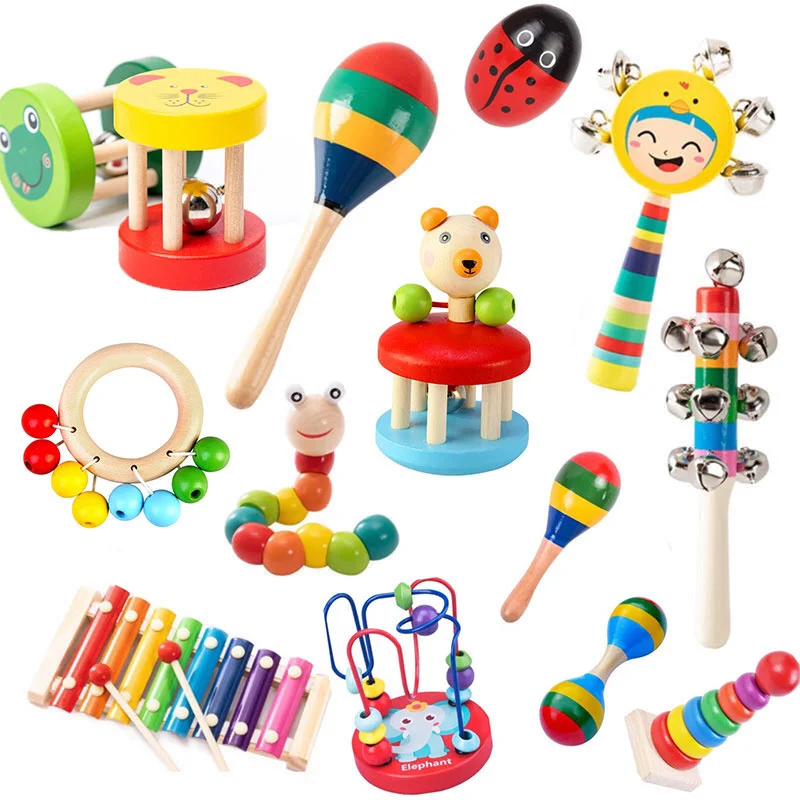 

Montessori Wooden Rattles Baby Sand Hammer Kids Rattle Educational Musical Wooden Toys Children Development Toys for 0-12 Months