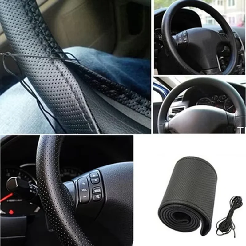 Steering Wheel Cover Car Steering Wheel Cover Needles And Braid Thread Artificial Leather Car Covers Suite 2 Color DIY Texture Soft Auto Accessories