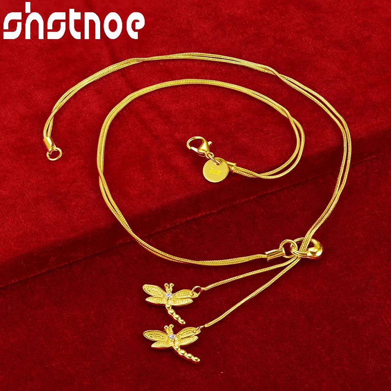 

SHSTONE 24K Gold Double Chain Dragonfly Zircon Crystal Pendant Necklaces For Woman Party Wedding Engagement Charm Jewelry Gift