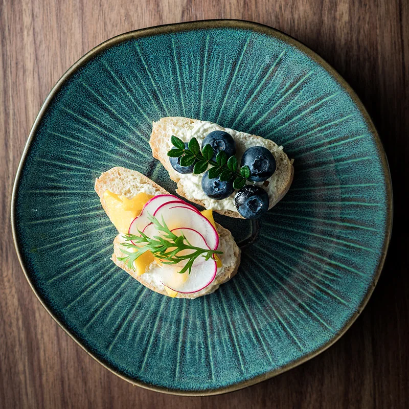 Japanese-Style Ceramic Oak Shallow Plate Restaurant Vintage Western Cuisine Plate round Steak Dessert