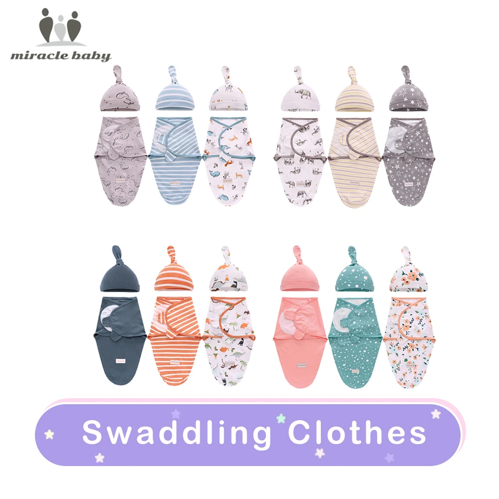 Newborn Swaddle Wrap + Hat Cotton Baby Receiving Blanket Bedding