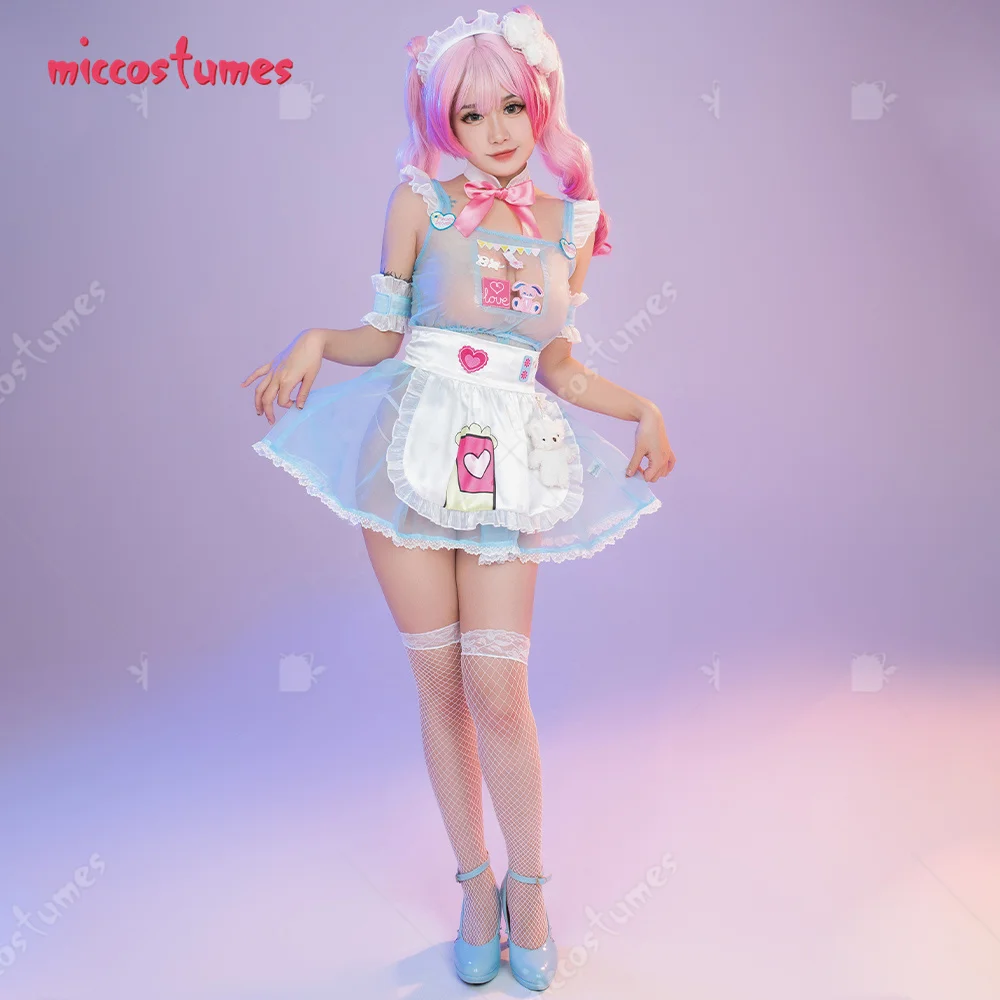 Women Sexy Lingerie Maid Dress Costumes Claw Crane Pattern Ruffle Translucent Kawaii Dress with Bow Stockings and Apron