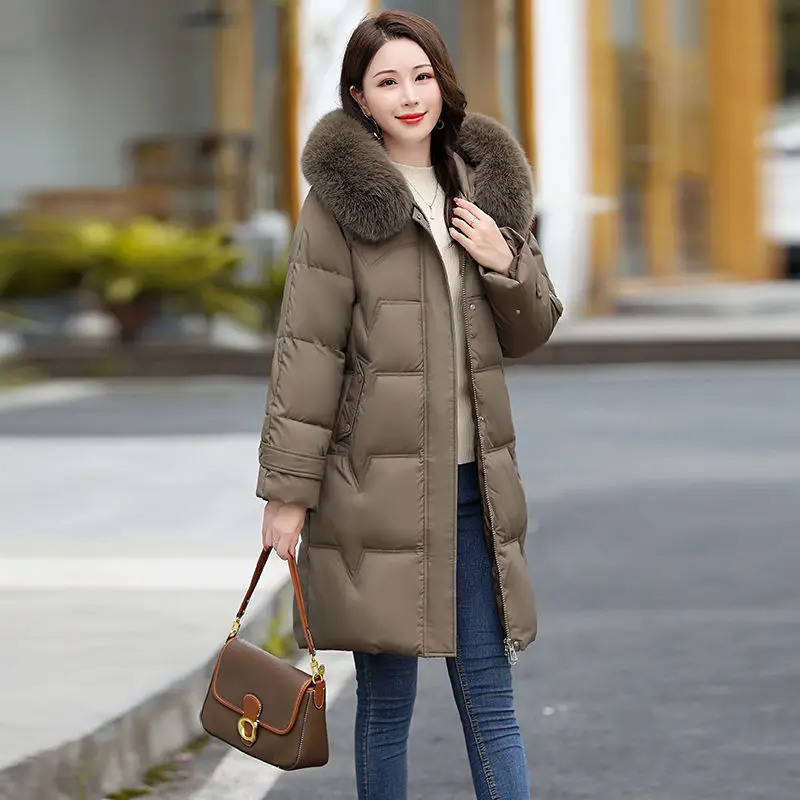 Winter Coat Down Jacket Women's Fashion Medium Long Solid Hooded