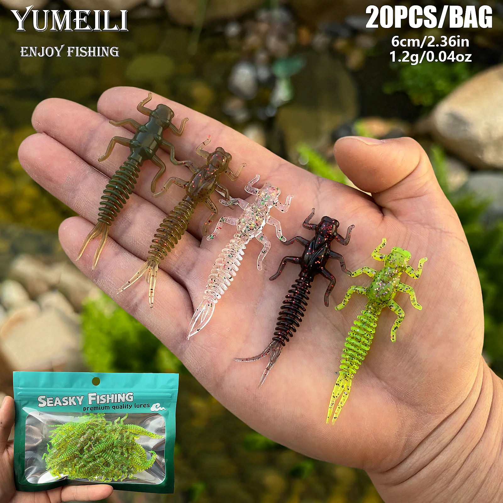 YUMEILI 20 Stück Sechsbeiniger Simulierter Insektenköder, Weicher Köder mit Gewindekörper + Dünner Gabelschwanz, TPE Weichmaterial, Angelköder