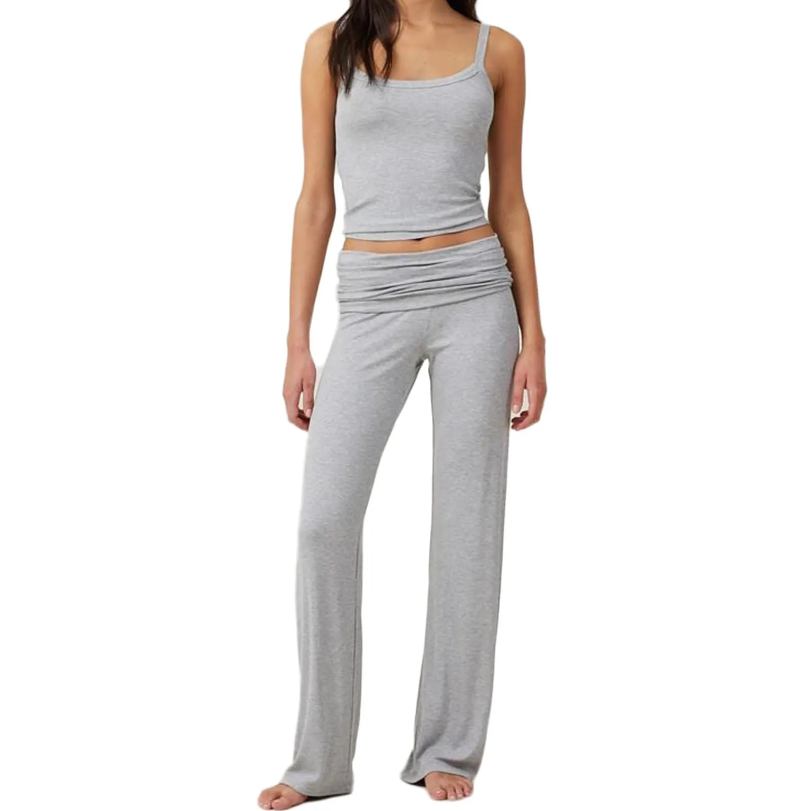 

Women's Matching Sets Solid Crewneck Tank Tops Wide Pants 2 Piece Outfits Summer Ladies Loose Pockets korean reviews many cloth