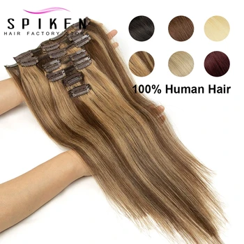 SPIKFN Balayage Clip In Hair Extension Human Hair 12-24 inches Real Natural Brown Human Hair 7pcs/set Clip Hair Full Head