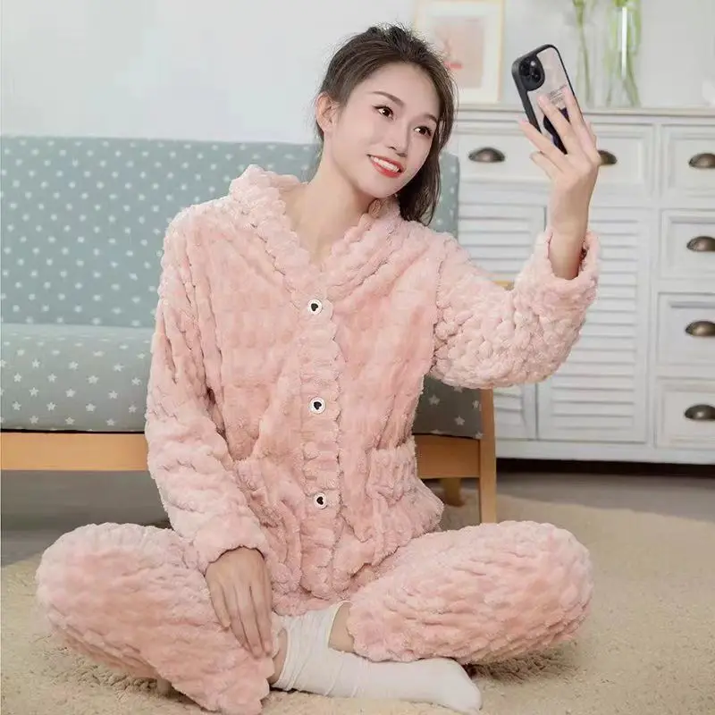 Ladies Cute Outerwear Coral Velvet Sweet Homewear Student Fall/Winter Flannel Thickened Fleece Pajamas Set Winter pajamas
