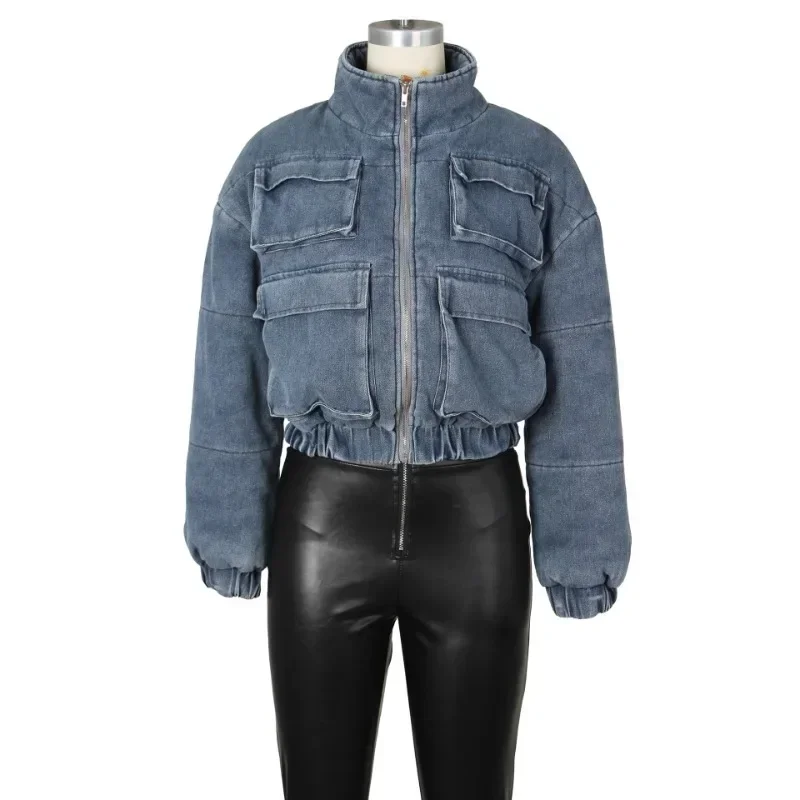 Warm Thick Cargo Denim Parkas Jacket Women Fashion Multi Pockets Stand Collar Long Sleeve Zipper Winter Cotton Padded Jeans Coat