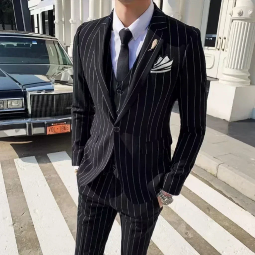 Formal Men's Striped Suit Two-Piece Blazer Vest Pants Set Slim Fit Classic Tuxedo Set for Wedding Party Business