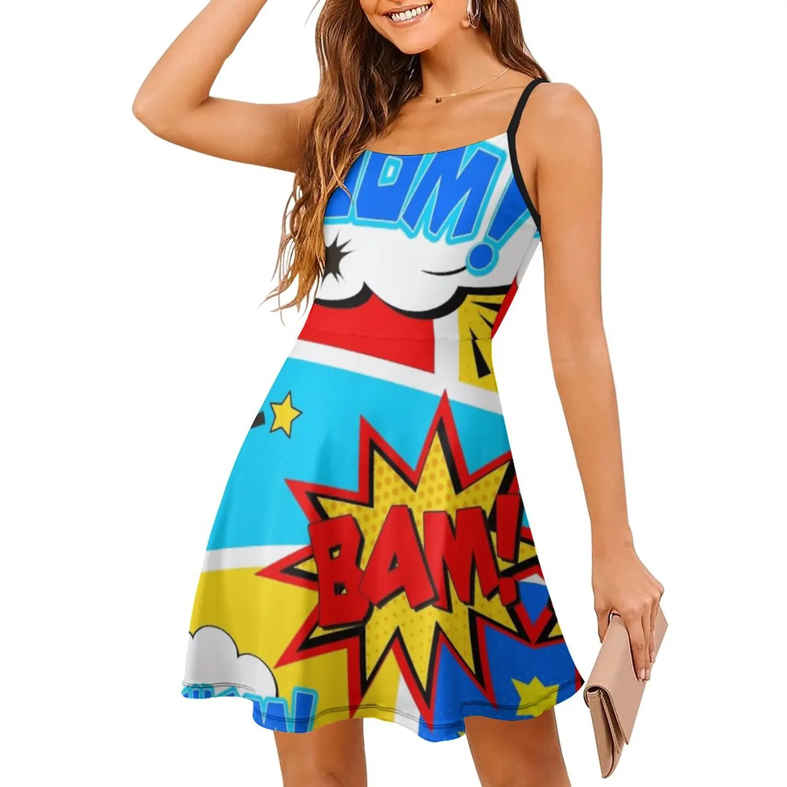 

Panels Crazy Colorful And Bright Comic Book Panels Arts Casual Graphic Exotic Woman's Gown Women's Sling Dress Humor Graphic Co