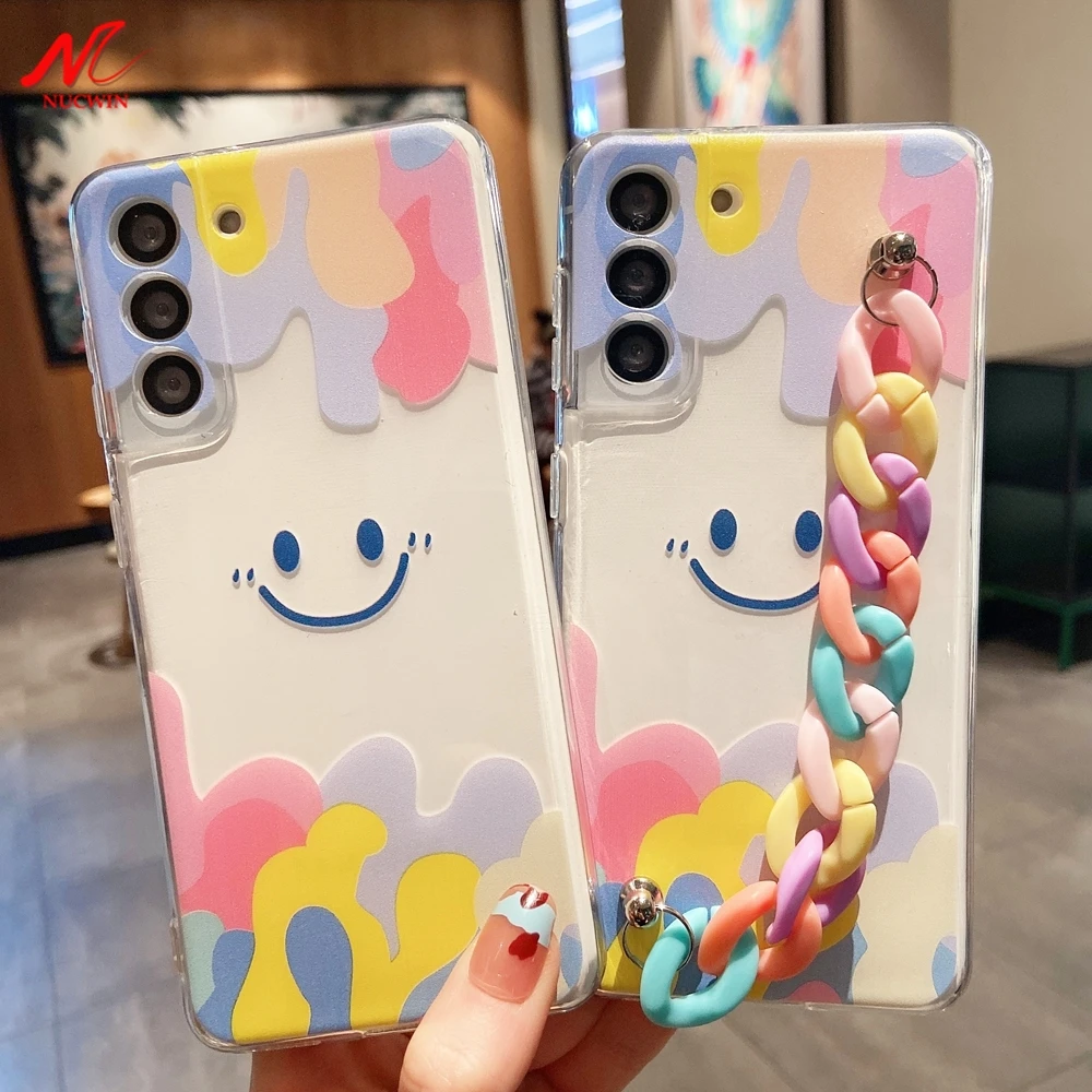 Luxury Smile Face Phone Case for Samsung S21 Plus S20 S22 Ultra Note 10 20 Galaxy A51 A71 A52 A72 A21S A32 Wrist Strap Cover samsung cute phone cover