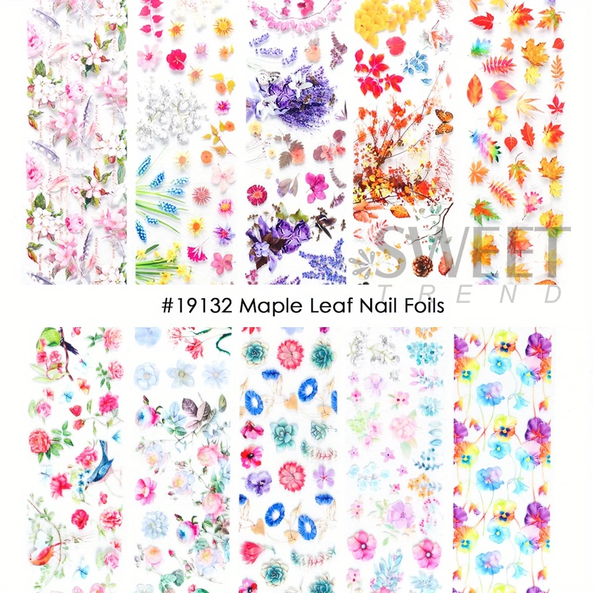10pcs Flowers Leaf Series Nail Art Transfer Foil Maple Leaf Morning Glory Peony Design Paper Butterfly Manicure Full Cover Wraps