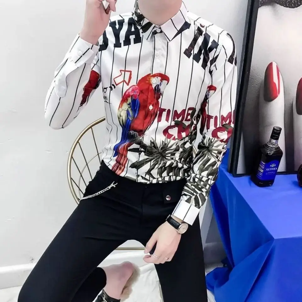 

High Quality Men’s Spring&Autumn Fashion Printing Long Sleeve Casual Shirts Slim-fit Handsome Tripe Decors Street shirt;