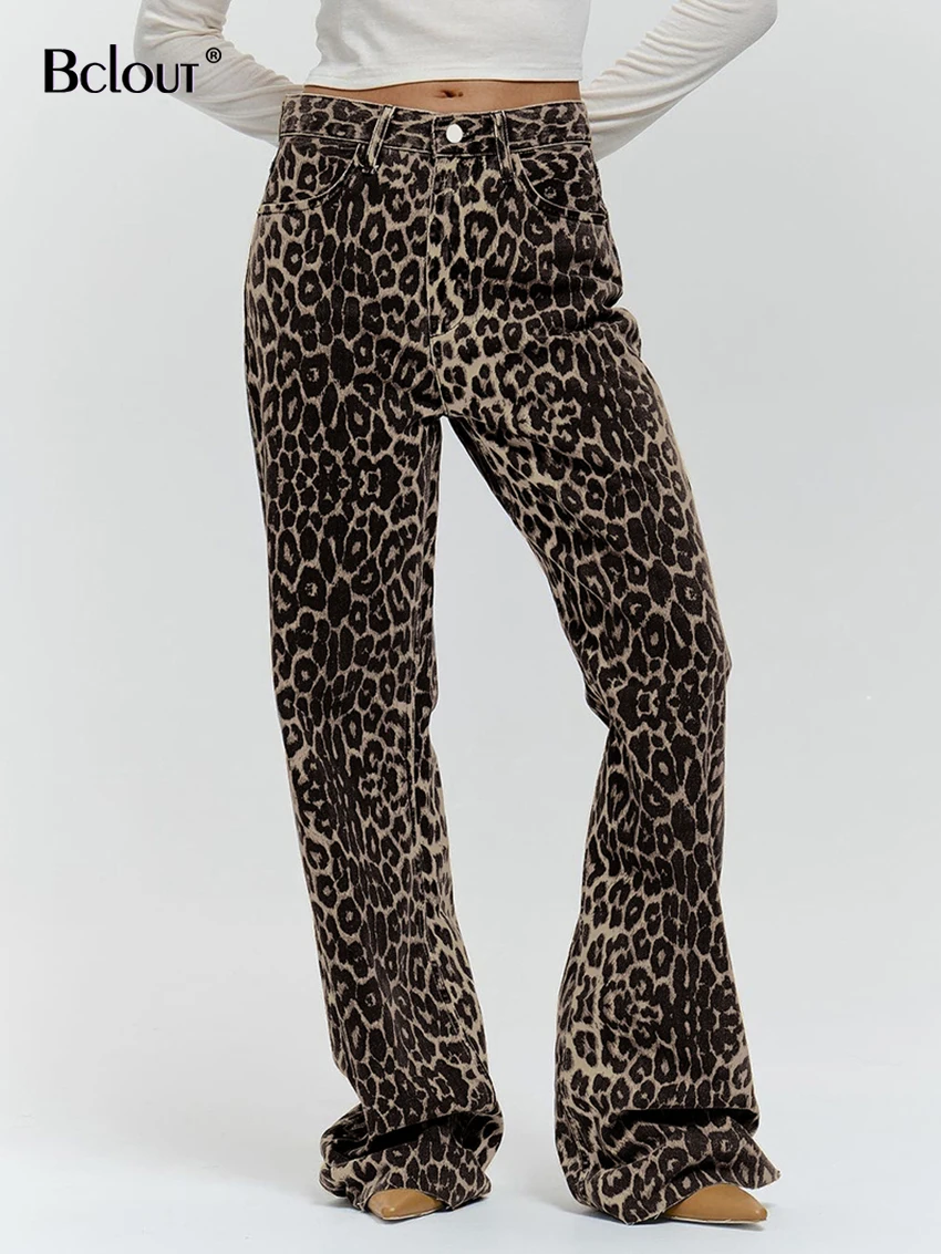 

Bclout Fashion Cotton Leopard Pants Women 2024 Casual Pockets Low Rise Waist Long Pants Spring Sexy Wide Leg Trousers Streetwear
