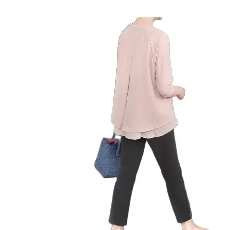 Spring Autumn Irregular Female Clothes Half Sleeve O-neck Long Loose Chiffon Patchwork Knitted Shirts Women's Blouses Wholesale