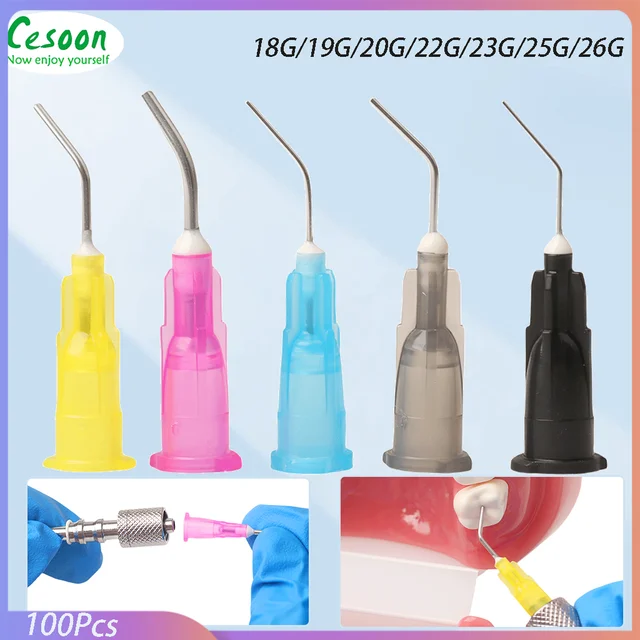 100Pcs Dental Syringe Bent Needle Tips Delievery Flow Sealant Etchant Oral Composite Resin Acid Reagent Dentistry Tooth Cleaning