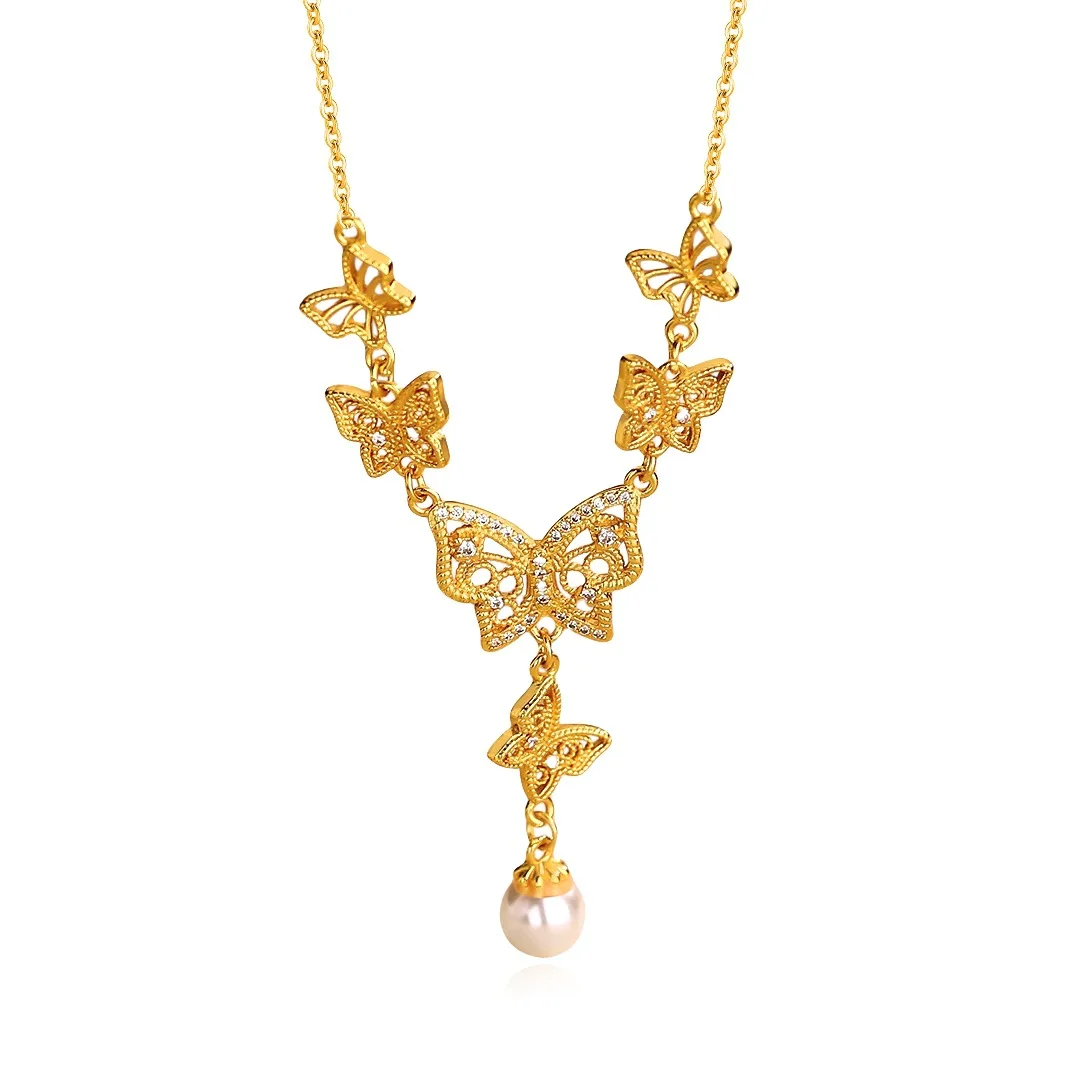 999 24K real gold three-dimensional butterfly Pearl necklace Women's fashion butterfly micro diamond fringe clavicle chain