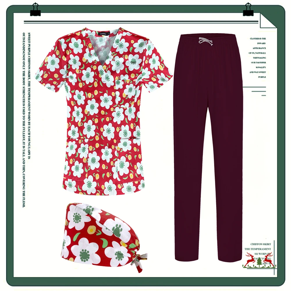 

Высококачественная Цветочная мультяшная печать Стоматологическая одежда унисекс футболка с тремя карманами и V-образным вырезом однотонные скраб брюки медицинская форма