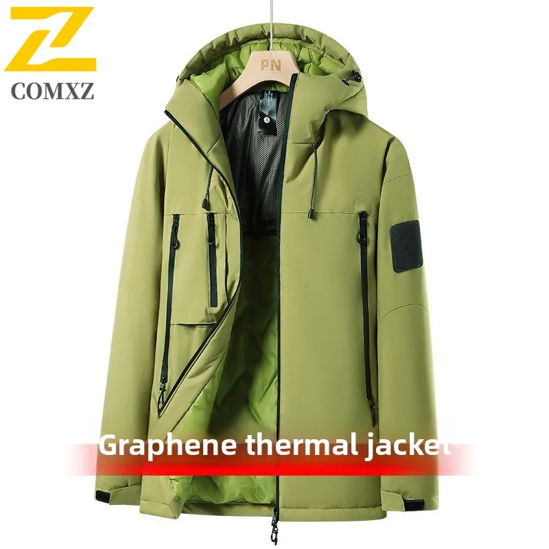COMXZ Men Graphene Winter Jacket Windproof Waterproof Mountaineering Coat Outdoor Work Parka Detachable Hood Multi-Pocket Design