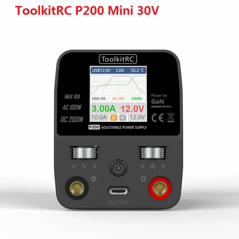 

ToolkitRC P200 Mini 30V AC100W DC200W 10A GaN Adjustable Mini Desktop Power Supply USB Output 4.0mm banana female port