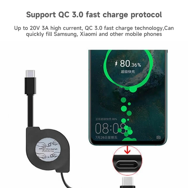 Retractable PD 60W USB C to USB C Data Cable, Notebook Fast Charging Cord Type Phone Tablets