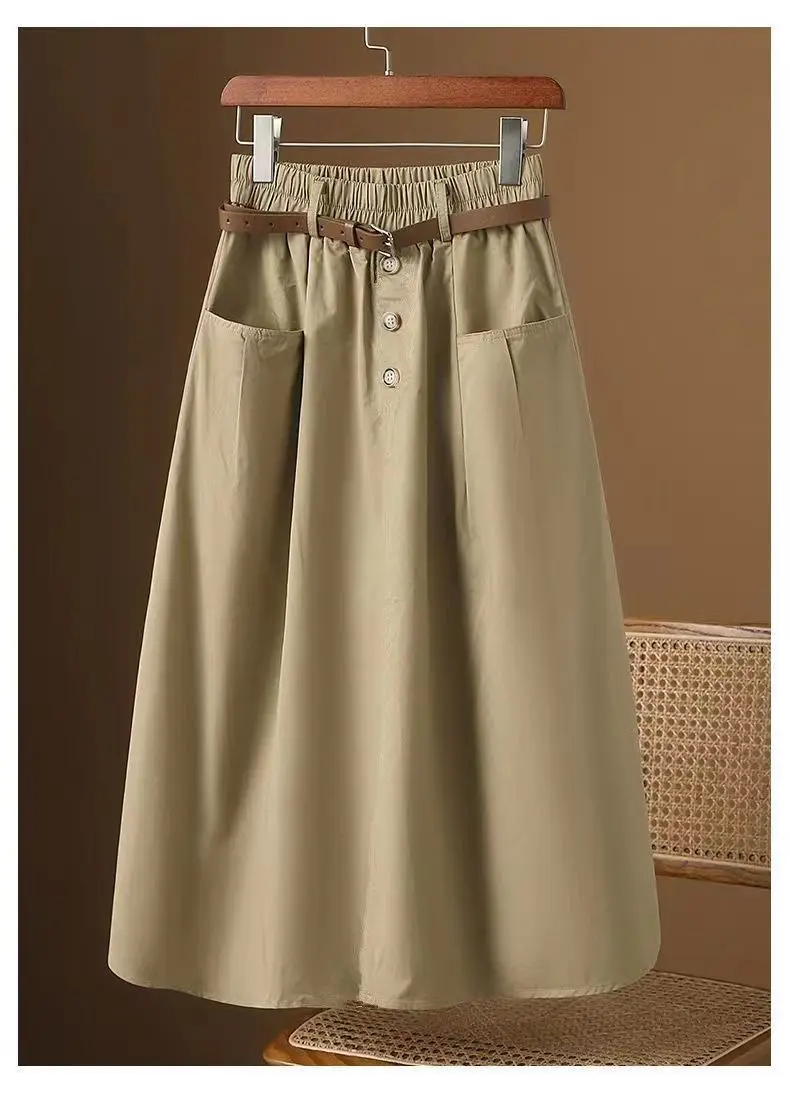 Korean version Summer High waisted Skirt 2026 New Female Solid color Loose Casual Workwear Pocket Half body A-line Skirts