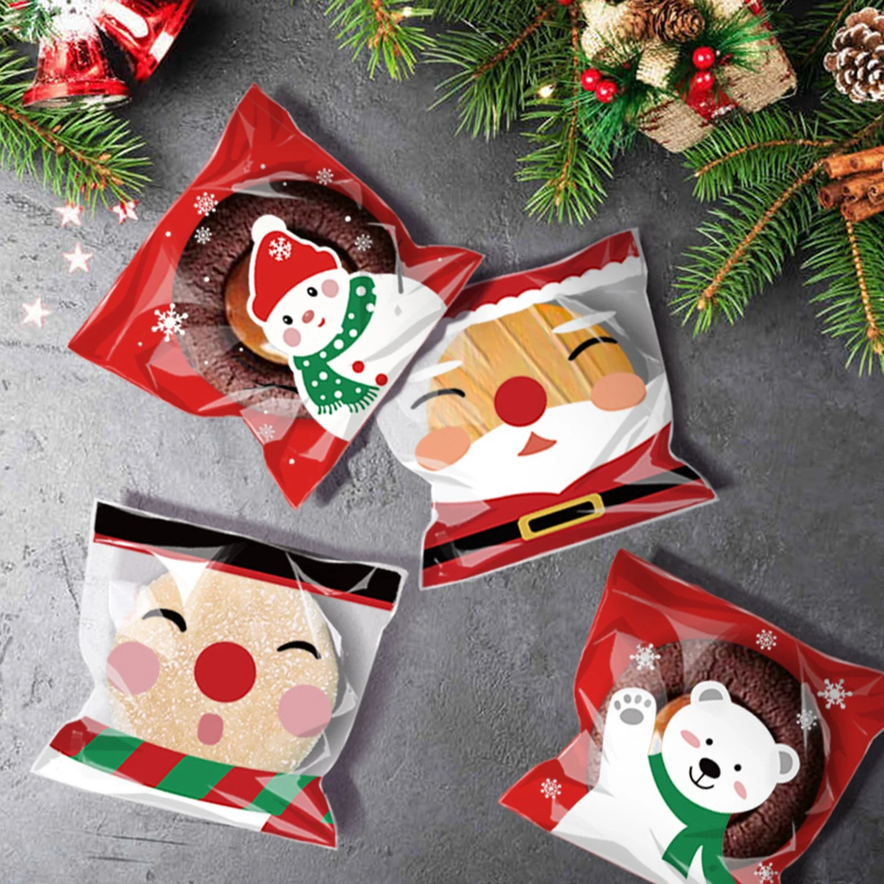 

100Pcs Christmas Candy Cookie Gift Bags Plastic Self-adhesive Biscuits Snack Packaging Bags Xmas Party Decoration Favors