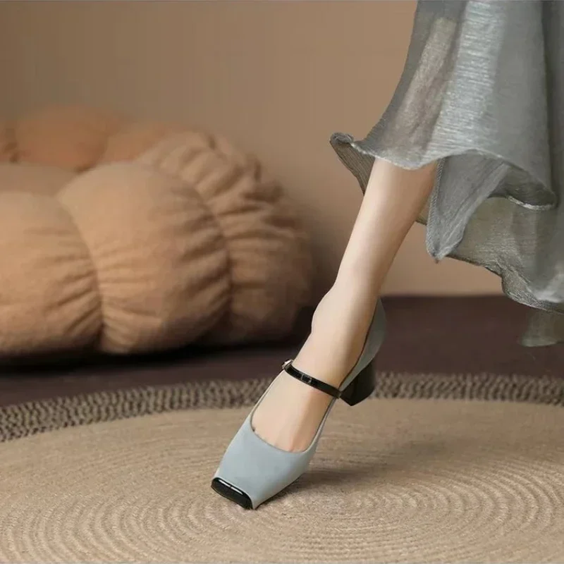 Women Spring Luxury Mary Jane Shoes Autumn Fashion Square Toe Shallow Ladies Elegant Dress Single Leather Shoes Square Heel Pump 4