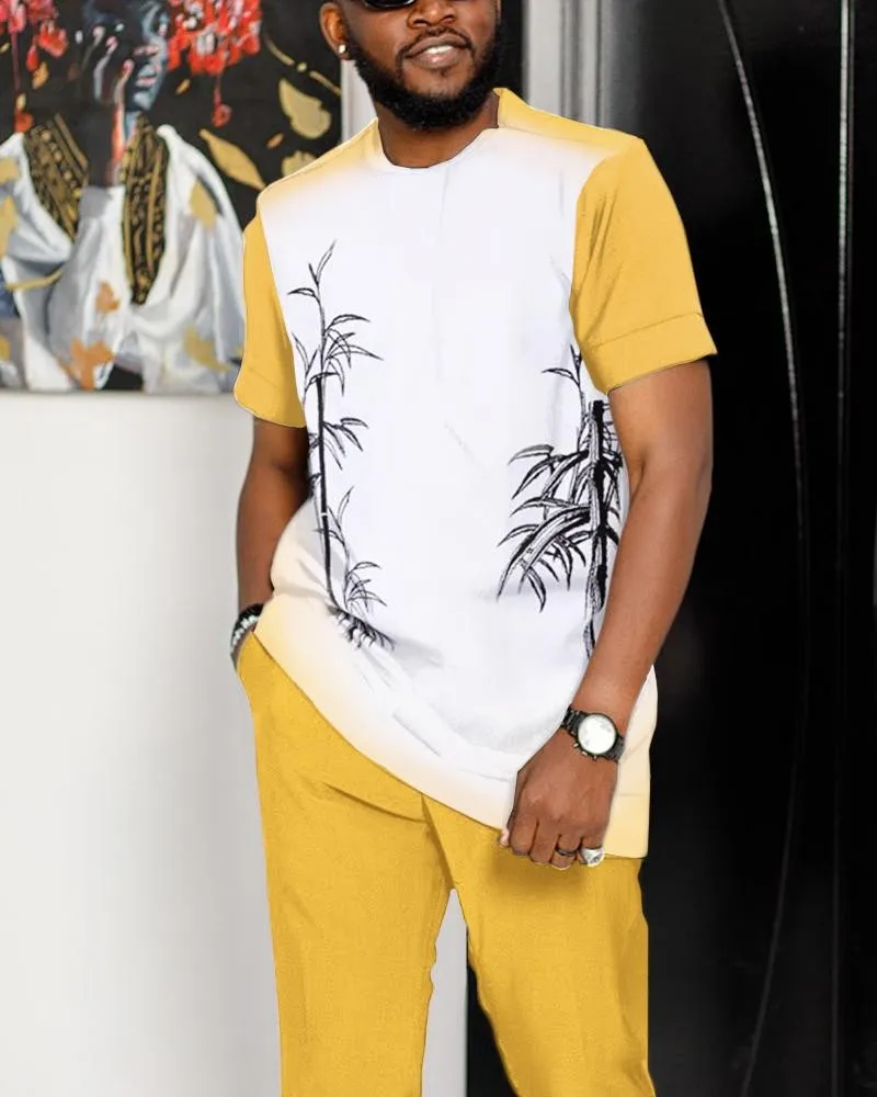 Contrast Pattern Casual Loose Walking Set 2023 Personalized New Men's Set Slim Fit Short Sleeve Pants Solid Color Set Clothing