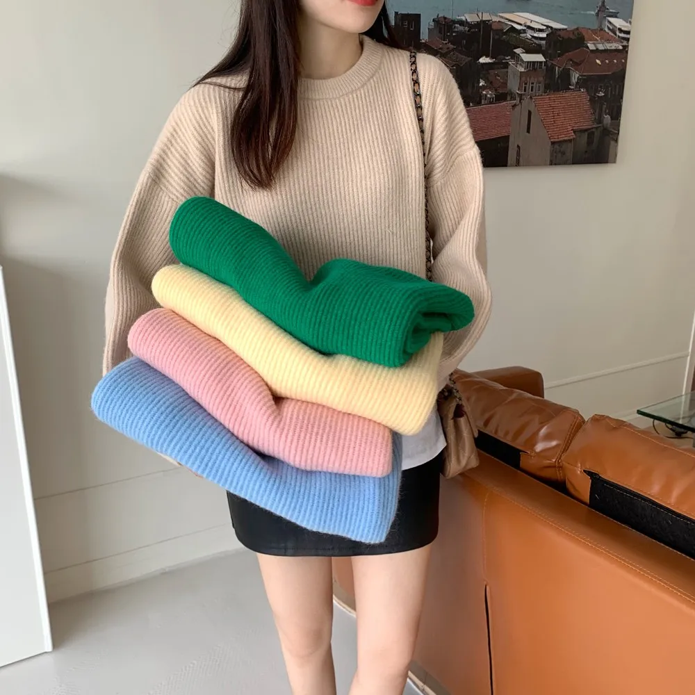 green sweater Croysier Fall Winter Fashion Clothing 2021 Women Warm Casual Solid Knitted Pullover Jumper Crew Neck Long Sleeve Loose Sweater green sweater